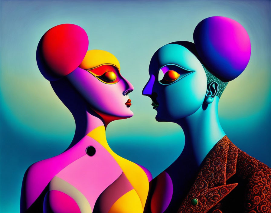 Vibrantly colored stylized faces in profile with surreal aesthetic