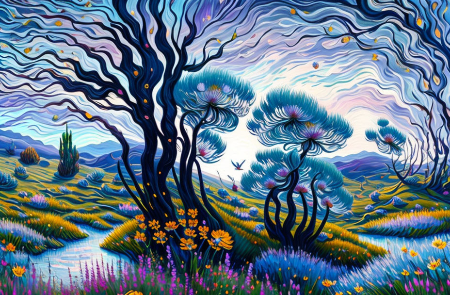 Colorful Whimsical Landscape with Swirling Trees