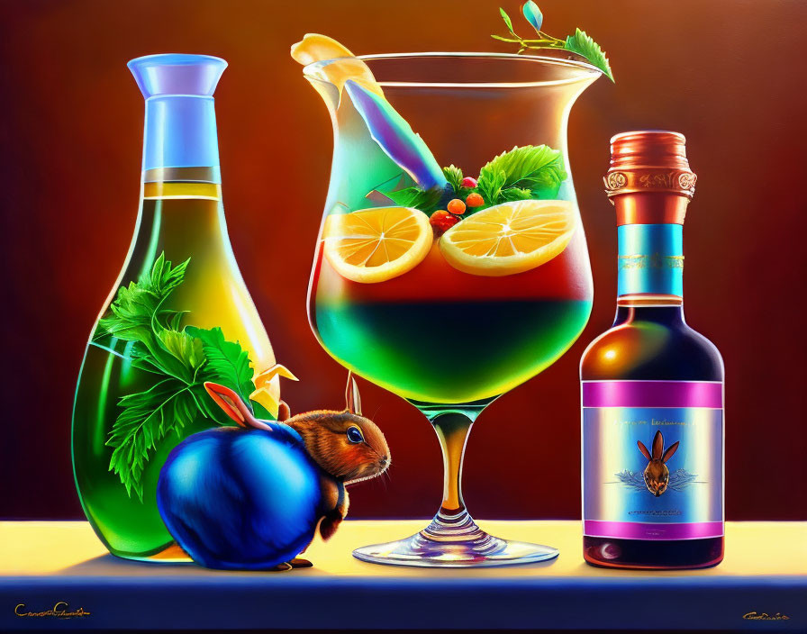 Vibrant painting of a rabbit with layered cocktail, fruits, bottle, and oil decanter