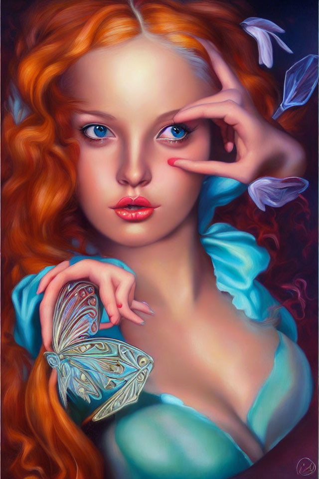 Digital painting of woman with red hair and blue eyes holding a butterfly