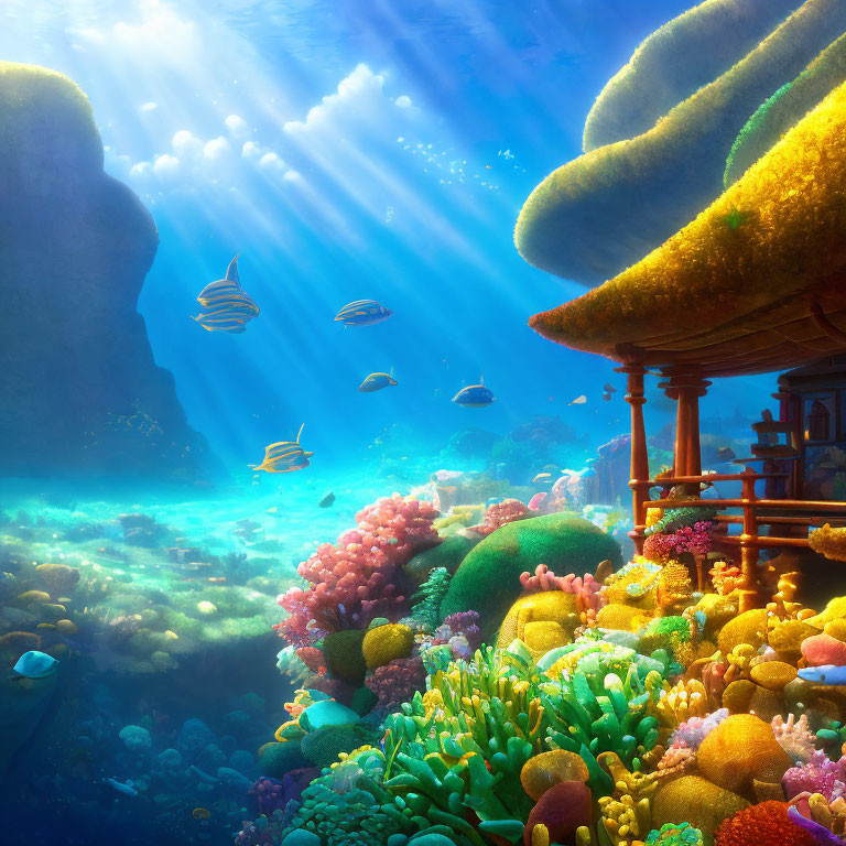 Colorful Coral, Fish, and Underwater Pagoda in Vibrant Scene