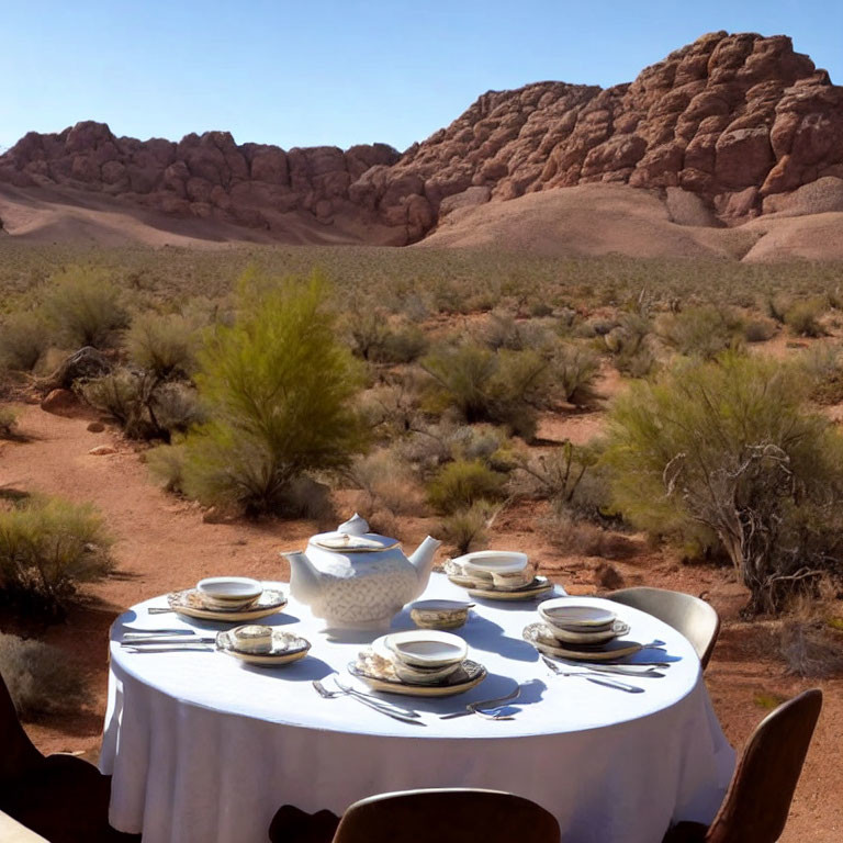 Outdoor Dining Table Set in Desert Landscape with Red Rocks