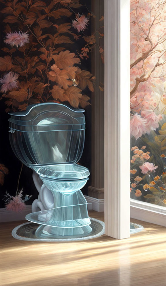 Translucent toilet in surreal room with floral wallpaper