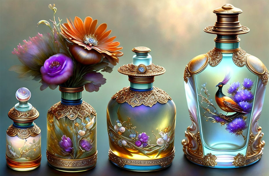 Vintage perfume bottles with intricate floral motifs and bird design on soft-focus background