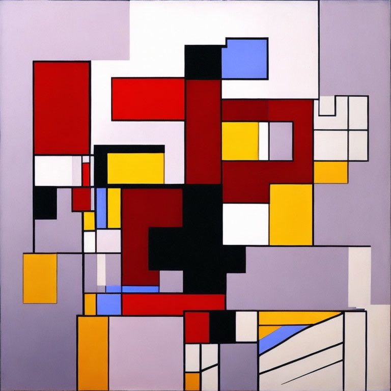 Geometric Composition with Red, Blue, Yellow, Black, and White Squares and Rectangles