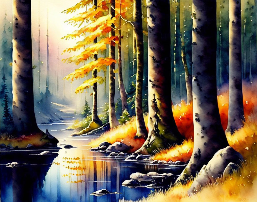 Autumn forest watercolor with river reflections