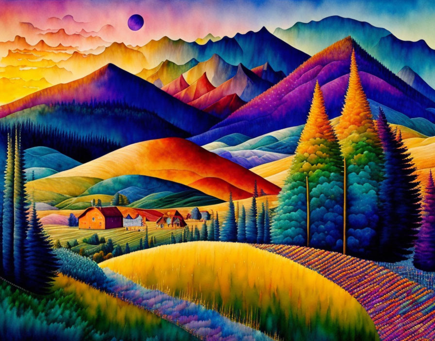 Colorful landscape painting with rolling hills, farmhouse, and crescent moon