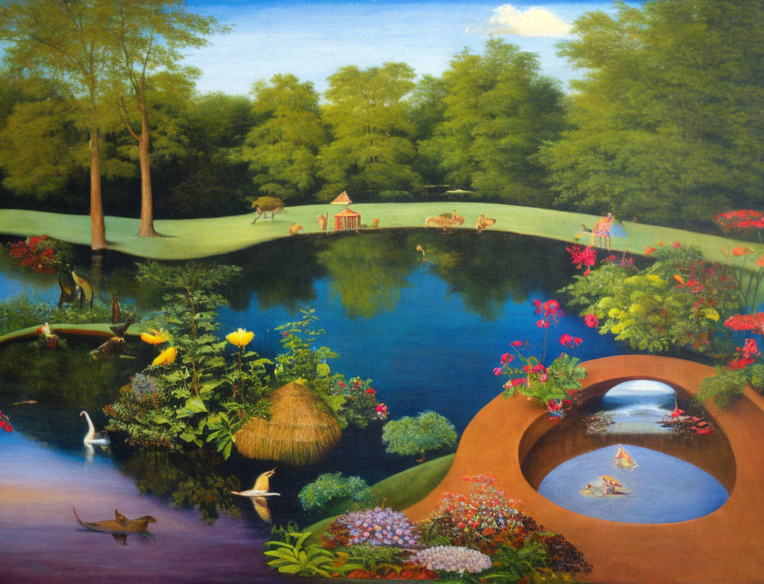 Tranquil landscape with blue pond, greenery, flowers, wildlife & gazebo