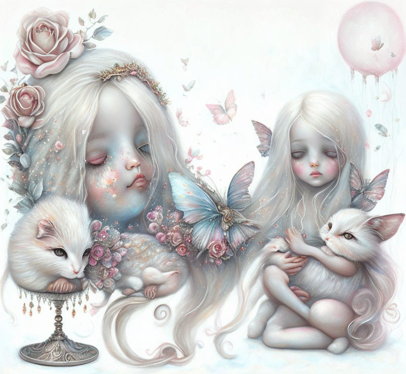 Ethereal girls with pale hair, roses, butterflies, and kittens in dreamlike innocence on past