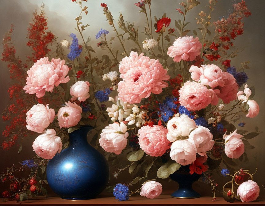 Pink peonies in blue vases with flowers and foliage on muted background