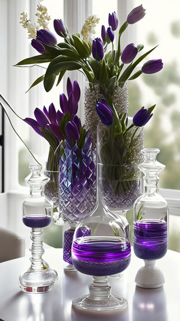 Purple fluid in elegant glass vases with white flowers on reflective surface