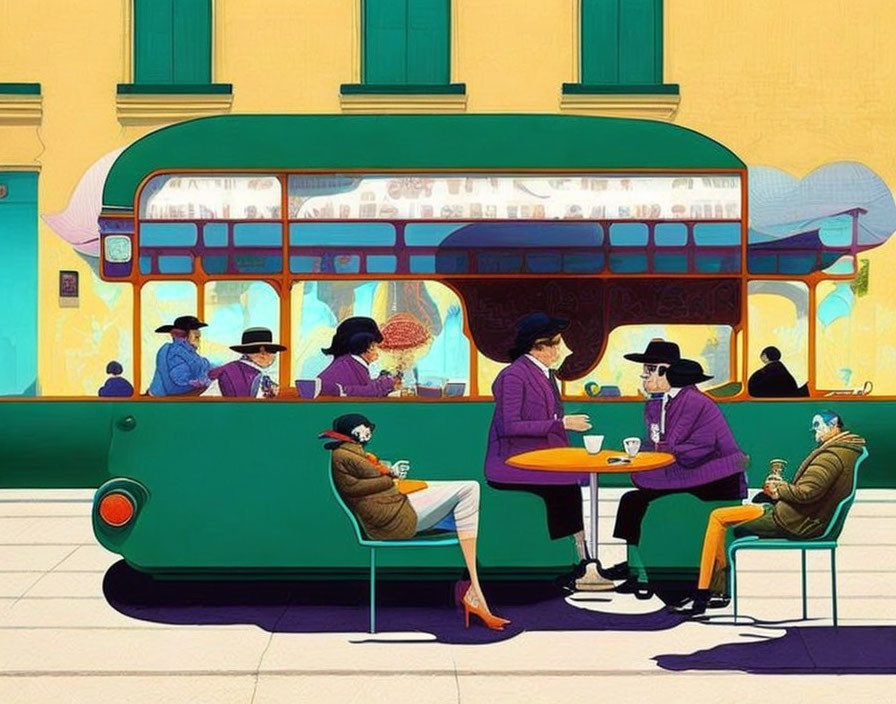 Vintage-style illustration: People at cafe on classic green bus, yellow wall background