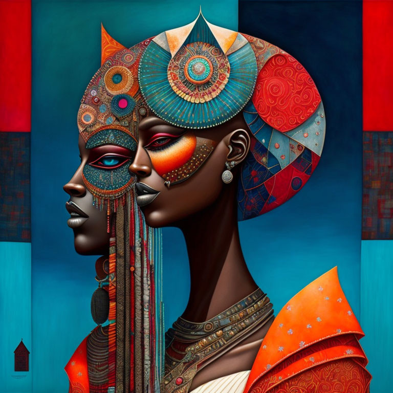 Colorful digital artwork featuring two African women with elaborate headpieces and vibrant makeup.