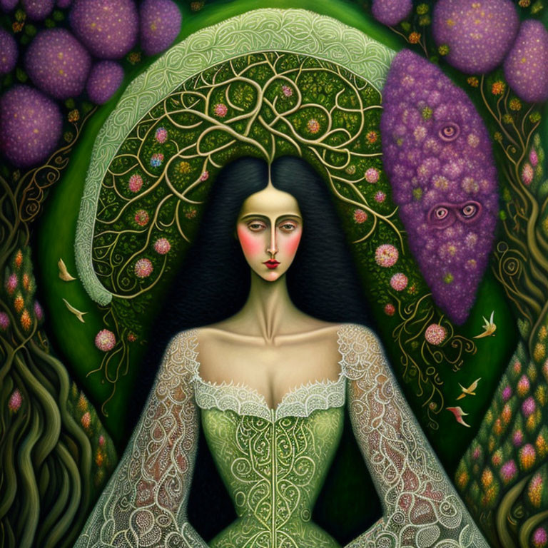 Surreal painting of woman with tree-like headdress and mystical elements