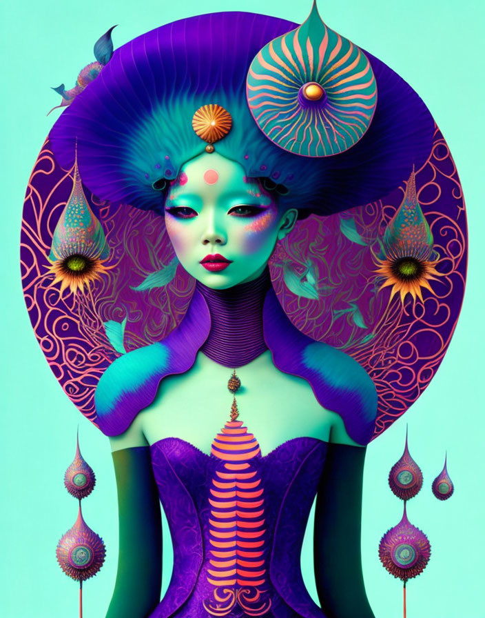 Vivid digital artwork: stylized woman with purple skin and intricate patterns