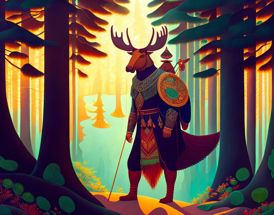 Anthropomorphic stag in mystical forest with staff, sun rays.