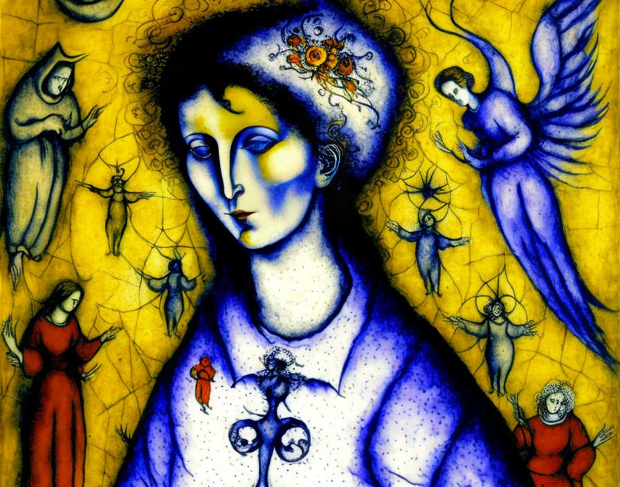 Colorful Artwork: Blue Woman with Angels on Yellow Background