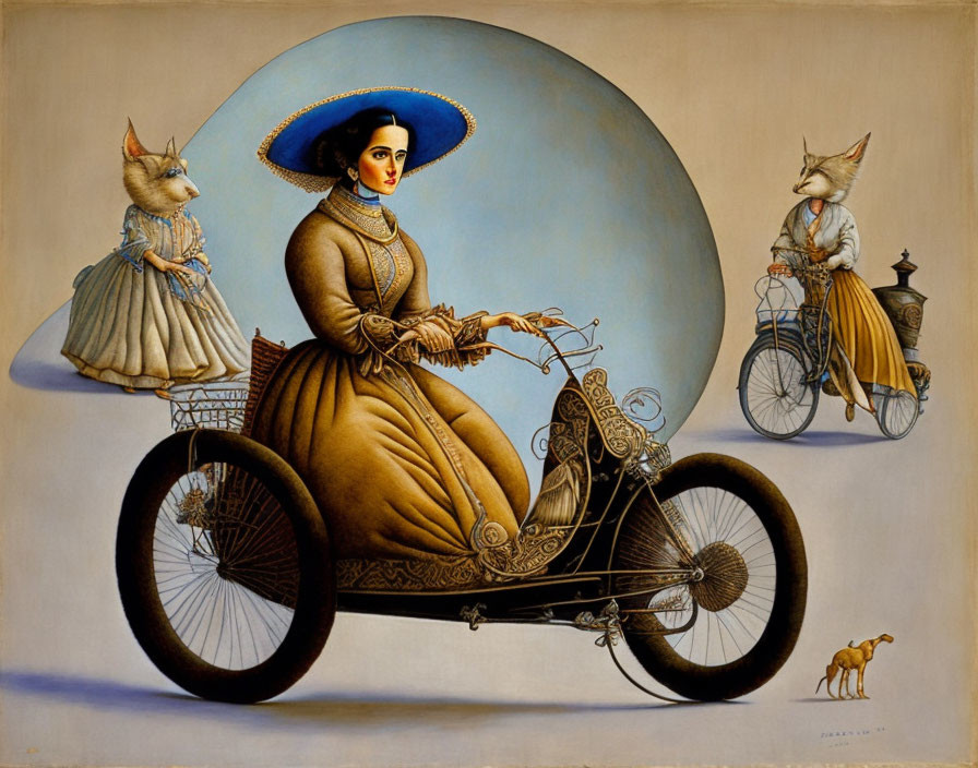 Surreal painting: woman with large head on tricycle with cat-headed figures