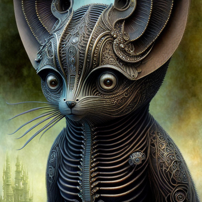 Stylized mechanical cat with intricate patterns and captivating eyes on fantasy landscape.