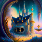 Surreal castle painting with eye motifs and starry sky in circular frame