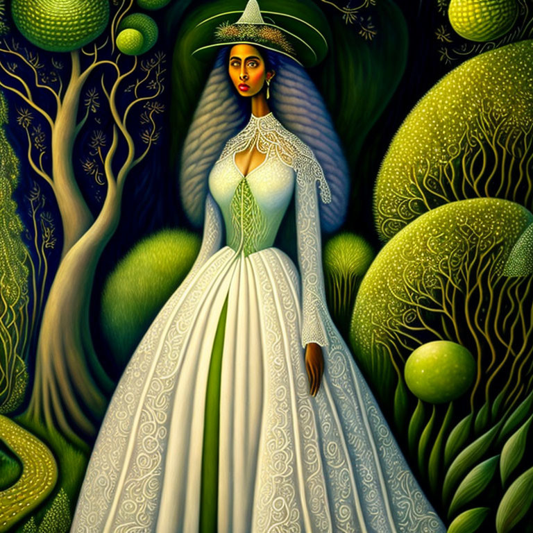 Illustration of woman in white dress with wide-brimmed hat and surreal green trees.