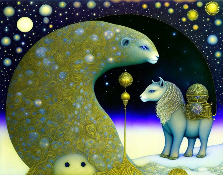 Stylized bears under starry sky with intricate patterns