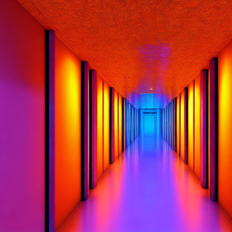 Vivid Orange Corridor with Blue-lit Floor