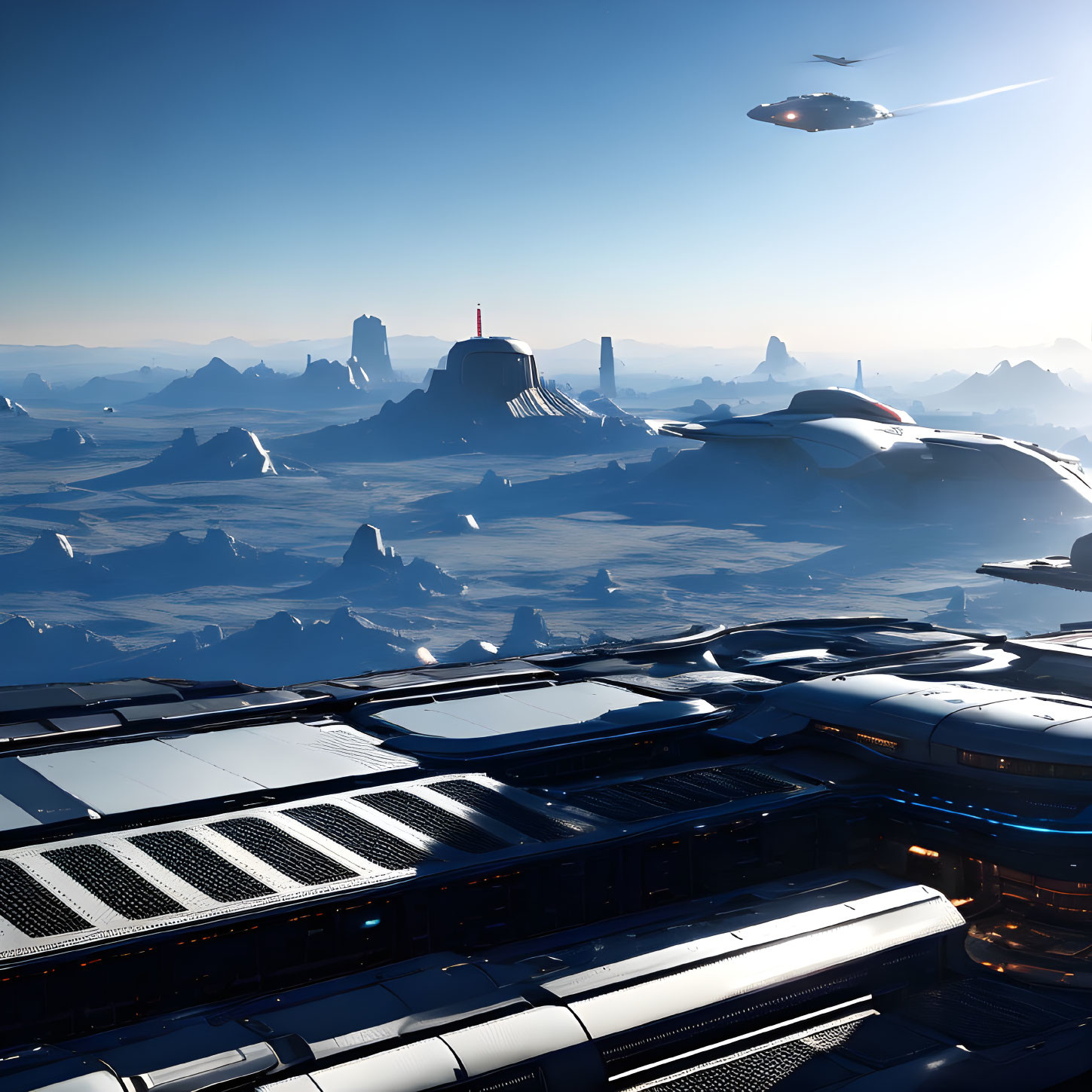 Futuristic cityscape with sleek buildings and flying vehicle over icy peaks