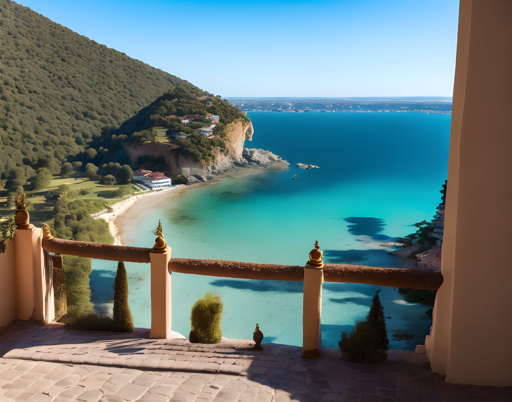 Scenic Coastal View: Turquoise Bay, Beach, Greenery, Mountains