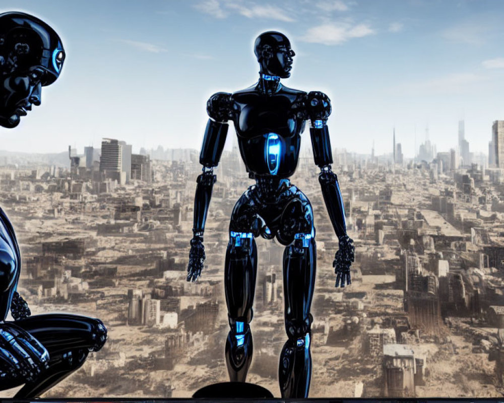 Futuristic cityscape with two humanoid robots in intricate detail