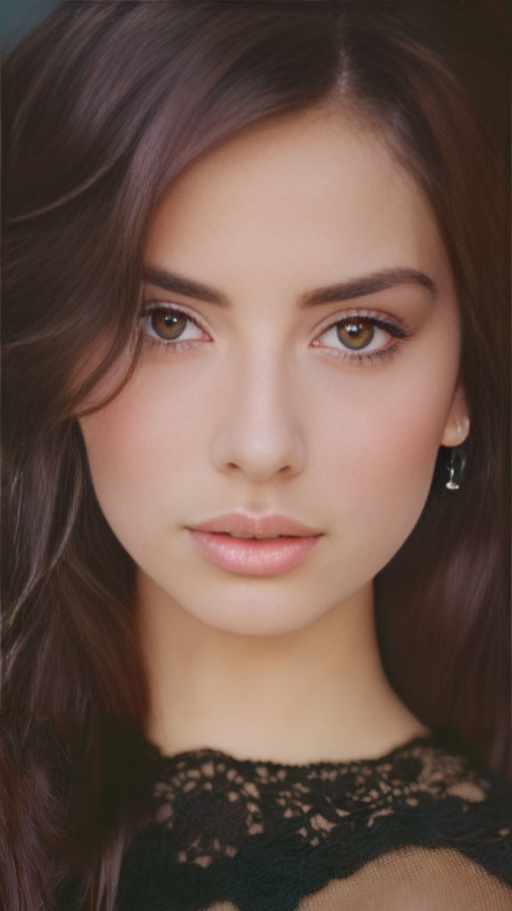 Detailed Close-up of Woman with Long Brown Hair and Brown Eyes in Black Lace Garment