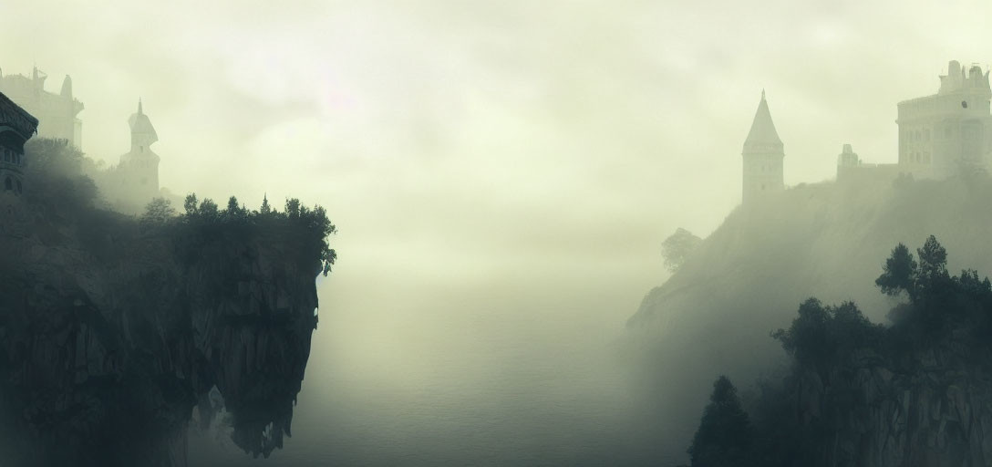 Silhouetted Cliffside Castles Overlooking Misty Water Landscape