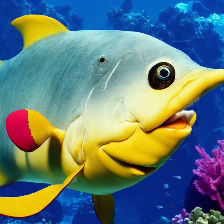 Vibrant yellow and blue fish swimming near coral in clear blue underwater scene