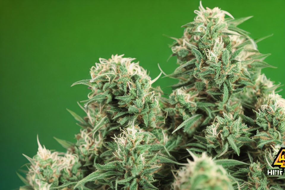 Detailed view of mature cannabis buds with trichomes on green backdrop