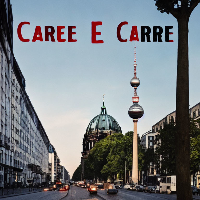 Berlin Cathedral and TV Tower in street view with red text overlay on clear sky