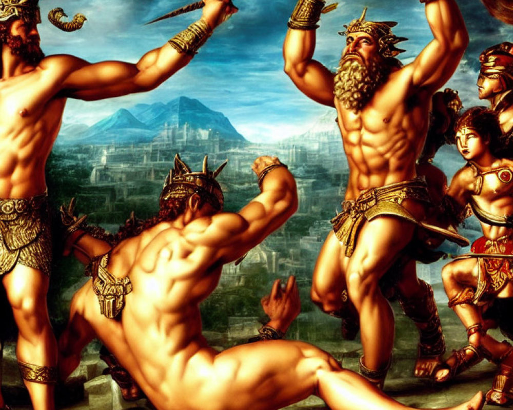 Muscular warriors battle in ancient armor under stormy sky