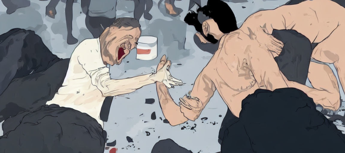 Animated men in dramatic brawl on rocky terrain