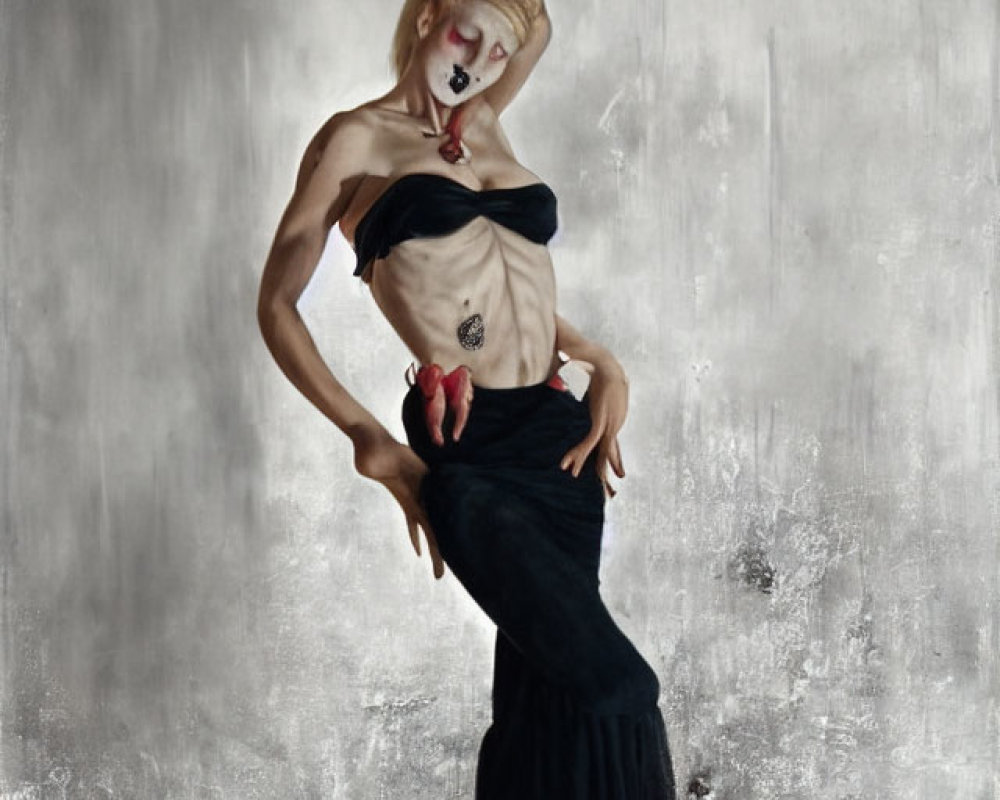 Surreal artwork: person with elongated limbs, black outfit, red lipstick on gray background