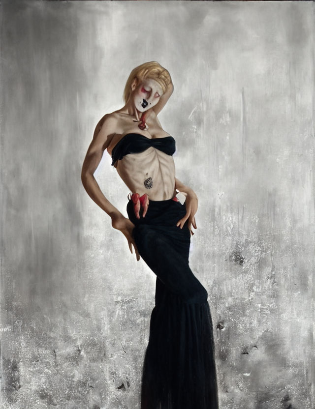 Surreal artwork: person with elongated limbs, black outfit, red lipstick on gray background