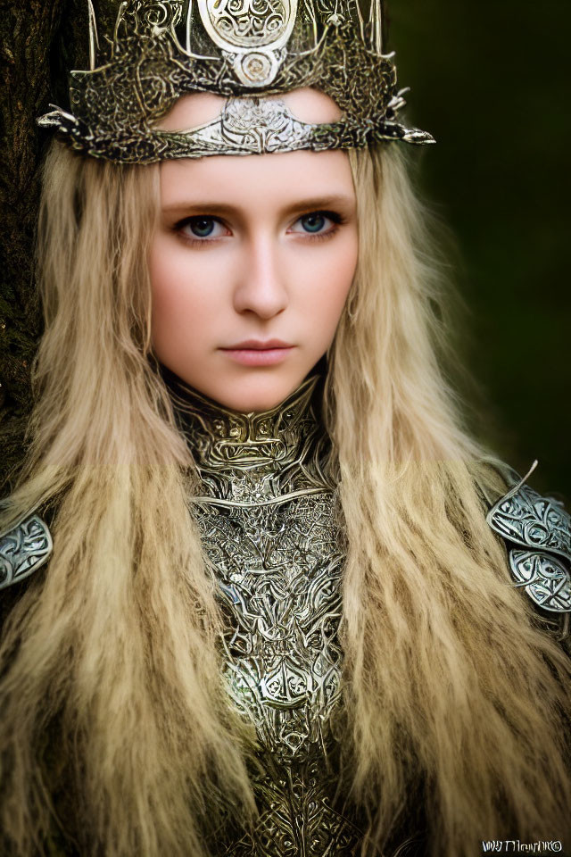 Regal figure in ornate crown and armor by a tree