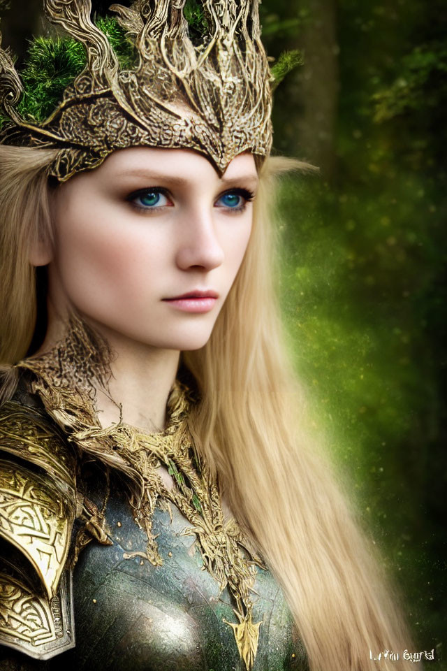 Fantasy woman in golden crown and armor against forest backdrop