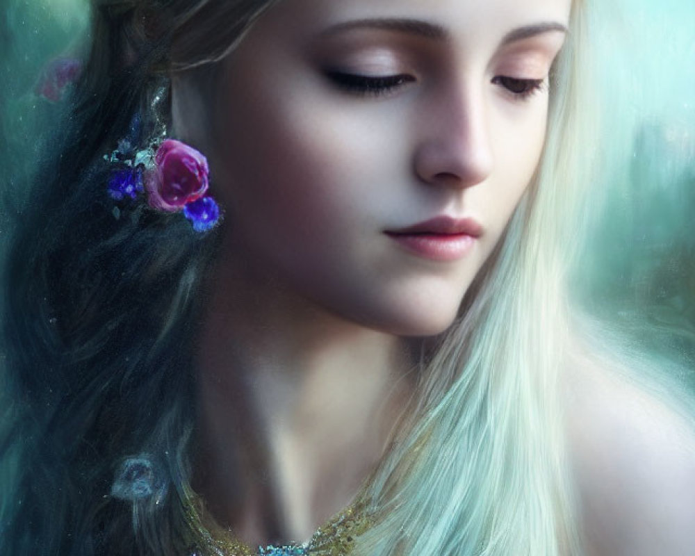 Blonde woman in gold crown with closed eyes and necklace