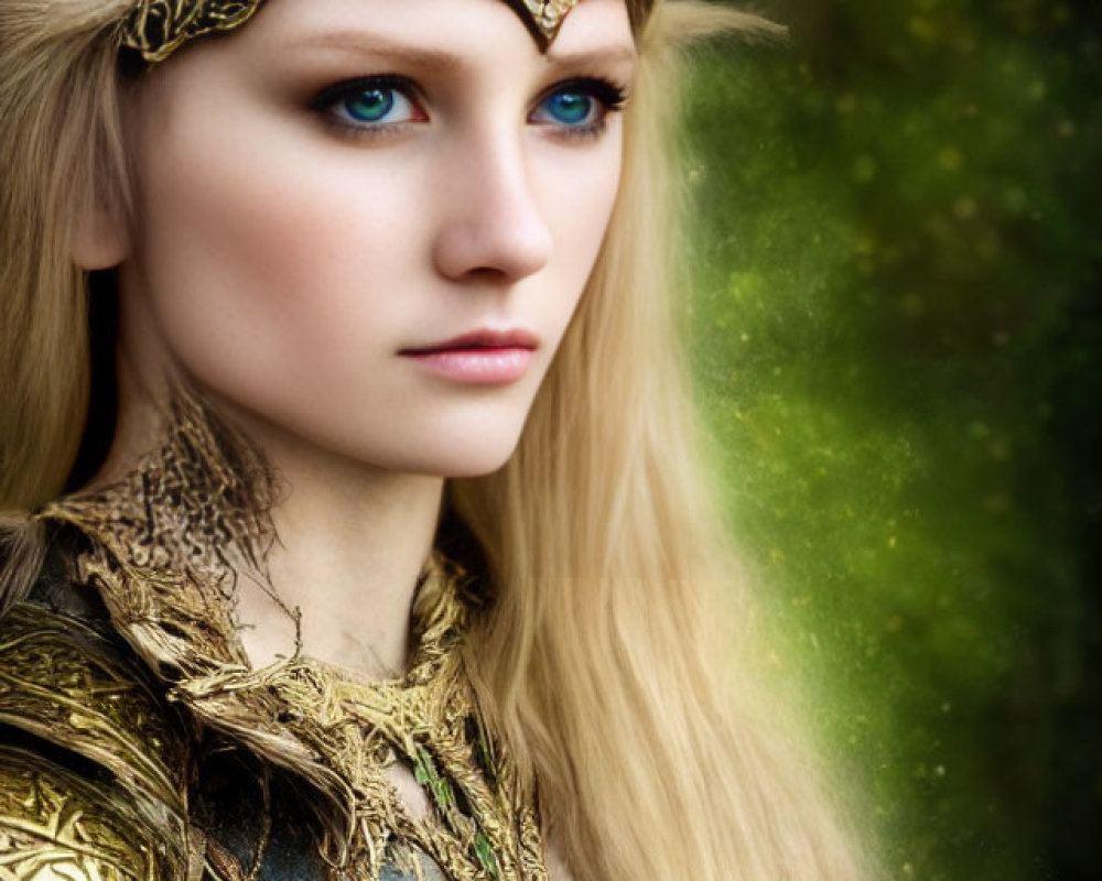 Fantasy woman in golden crown and armor against forest backdrop