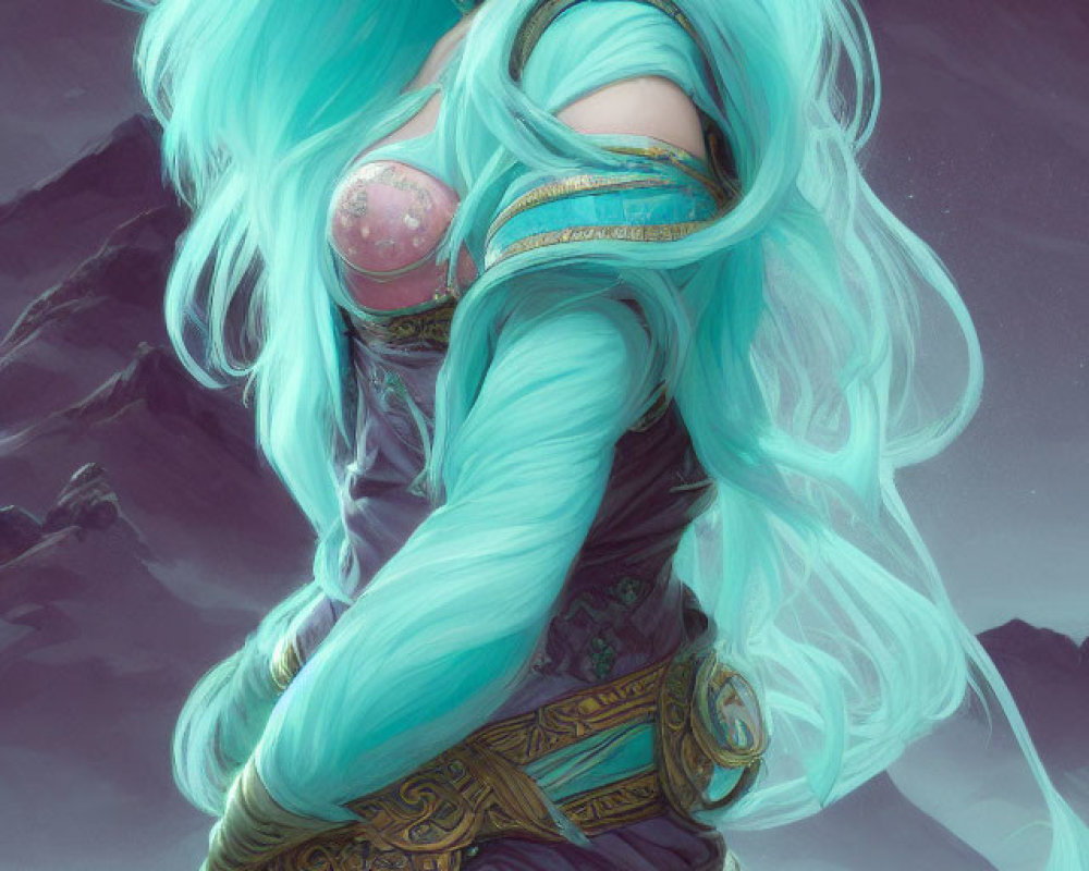 Woman with Turquoise Hair in Fantasy Attire Against Misty Mountainous Backdrop