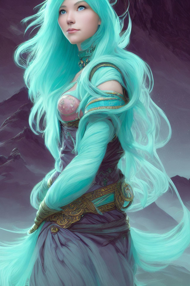 Woman with Turquoise Hair in Fantasy Attire Against Misty Mountainous Backdrop