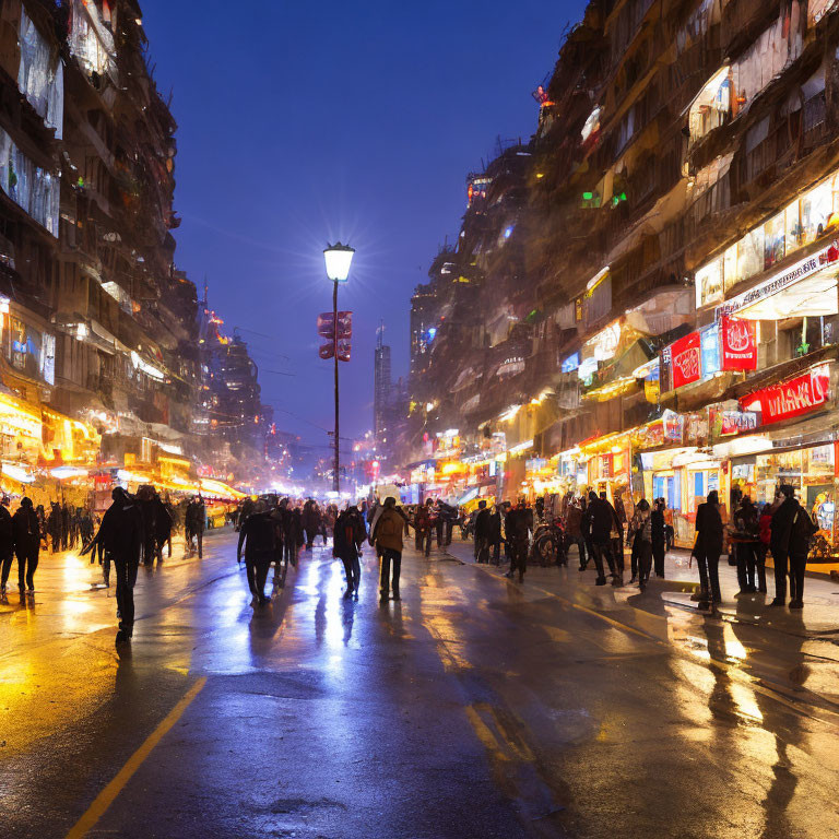 Vibrant urban street scene at night with neon signs and crowds.