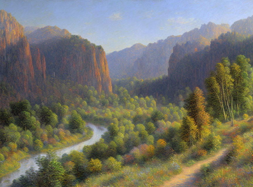 Tranquil landscape: river, lush forest, towering cliffs, soft sunlight