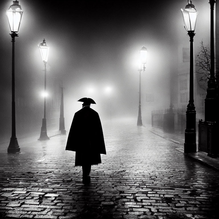 Mysterious figure in cape and hat on foggy cobbled street