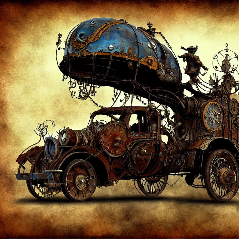 Detailed steampunk illustration of intricate machine with gears and globe in sepia tones