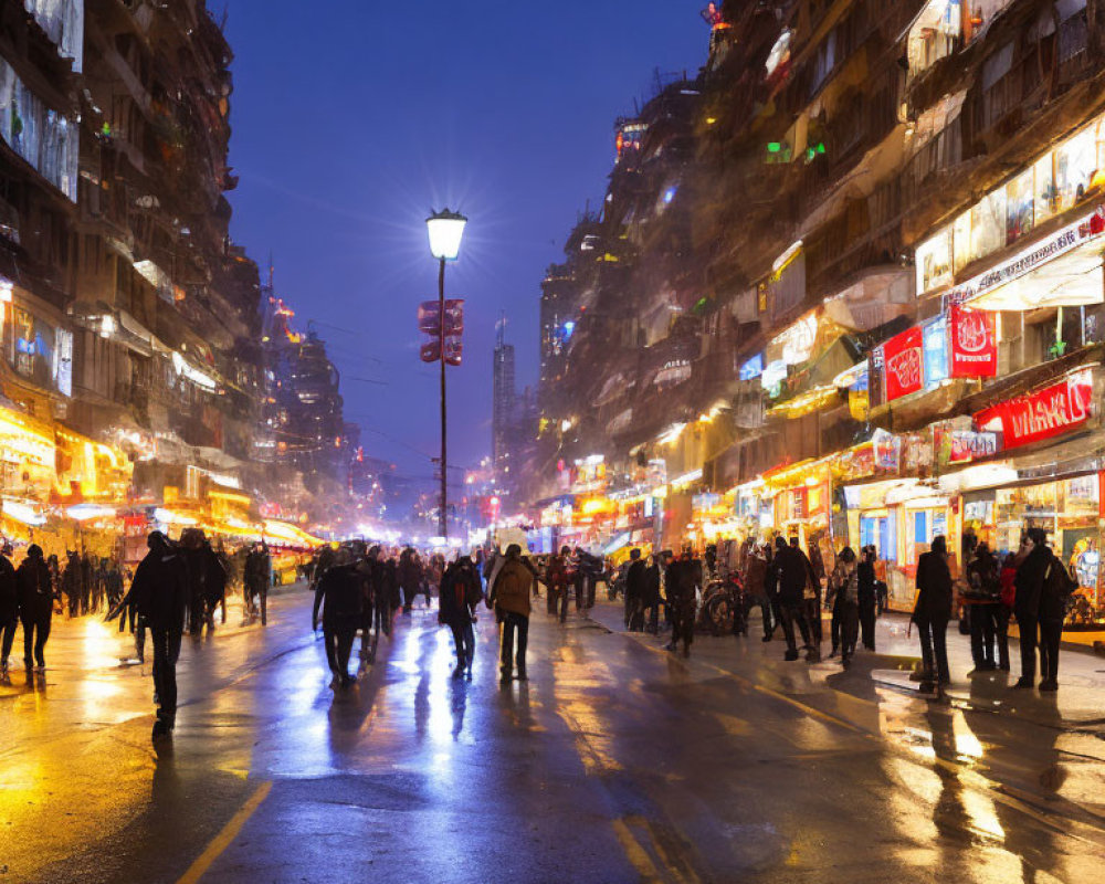 Vibrant urban street scene at night with neon signs and crowds.